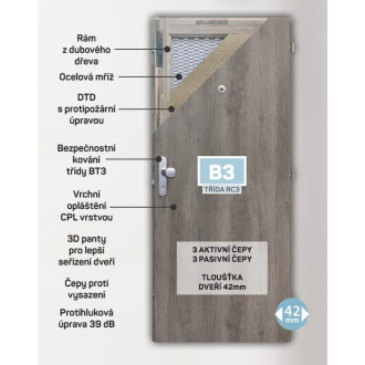 Bezpečnostní vchodové RC3 dveře Naturel technické levé 80 cm ořech karamel B3OK80L