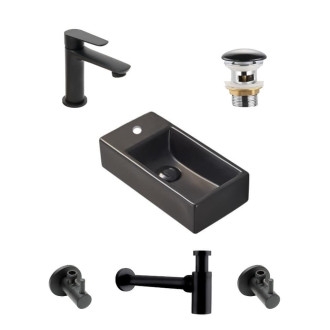Koupelnový set levého závěsného umývátka Brevis 40,5 cm, pákové baterie, sifonu, průtočné zátky a roháčků v černé barvě KSETBRE2LBKM