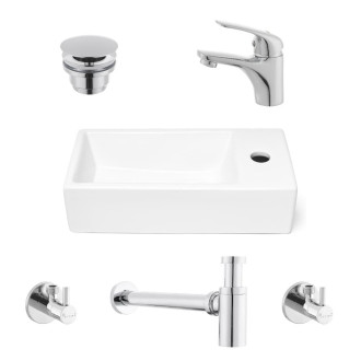 Koupelnový set pravého závěsného umývátka Brevis 40,5 cm, pákové baterie, sifonu, průtočné zátky a roháčků KSETBRE2P