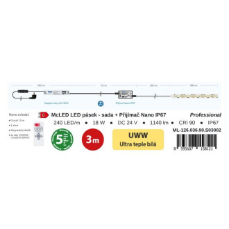 McLED  LED pásek - sada 3 m + Přijímač Nano IP67, 240 LED/m, UWW, 6 W/m, DC 24V, 380 lm/m, CRI90, IP67, 10 mm, vodič 3 m ML-126.036.90.S03002