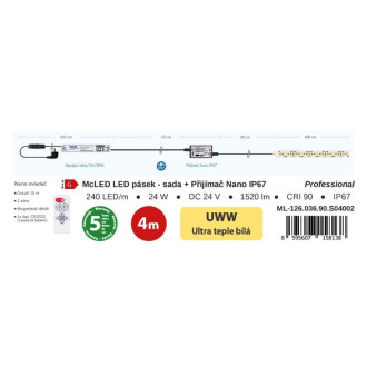 McLED  LED pásek - sada 4 m, 240 LED/m, UWW, 6 W/m, DC 24V, 380 lm/m, CRI90, IP67, 10 mm, vodič 3 m ML-126.036.90.S04001