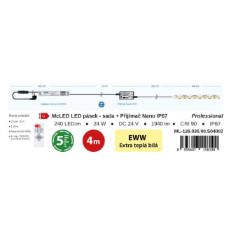 McLED  LED pásek - sada 4 m + Přijímač Nano IP67, 240 LED/m, EWW, 6 W/m, DC 24V, 485 lm/m, CRI90, IP67, 10 mm, vodič 3 m ML-126.035.90.S04002