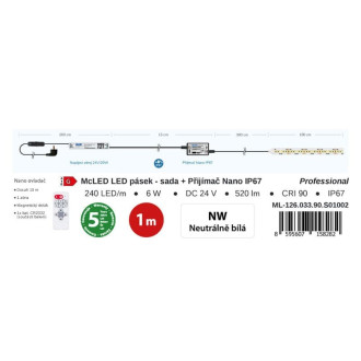 McLED  LED pásek - sada 1 m + Přijímač Nano IP67, 240 LED/m, NW, 6 W/m, DC 24V, 520 lm/m, CRI90, IP67, 10 mm, vodič 3 m ML-126.033.90.S01002