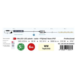McLED  LED pásek - sada 6 m + Přijímač Nano IP67, 240 LED/m, WW, 6 W/m, DC 24V, 500 lm/m, CRI90, IP67, 10 mm, vodič 3 m ML-126.034.90.S06002