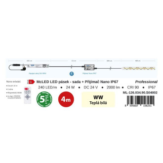 McLED  LED pásek - sada 4 m + Přijímač Nano IP67, 240 LED/m, WW, 6 W/m, DC 24V, 500 lm/m, CRI90, IP67, 10 mm, vodič 3 m ML-126.034.90.S04002