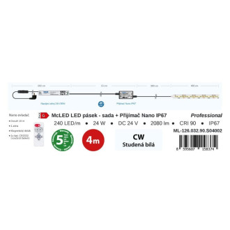 McLED  LED pásek - sada 4 m + Přijímač Nano IP67, 240 LED/m, CW, 6 W/m, DC 24V, 520 lm/m, CRI90, IP67, 10 mm, vodič 3 m ML-126.032.90.S04002