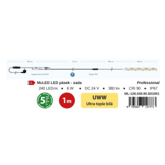 McLED  LED pásek - sada 1 m, 240 LED/m, UWW, 6 W/m, DC 24V, 380 lm/m, CRI90, IP67, 10 mm, vodič 3 m ML-126.036.90.S01001