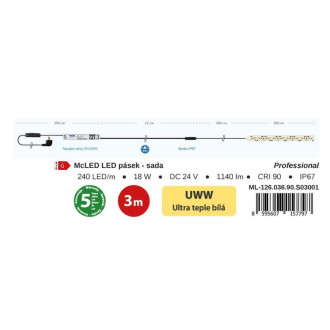 McLED  LED pásek - sada 3 m, 240 LED/m, UWW, 6 W/m, DC 24V, 380 lm/m, CRI90, IP67, 10 mm, vodič 3 m ML-126.036.90.S03001