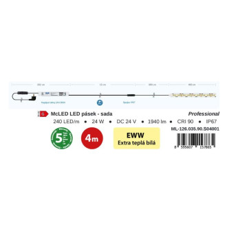 McLED  LED pásek - sada 4 m, 240 LED/m, EWW, 6 W/m, DC 24V, 485 lm/m, CRI90, IP67, 10 mm, vodič 3 m ML-126.035.90.S04001