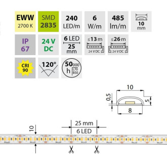 McLED  LED pásek - sada 6 m, 240 LED/m, EWW, 6 W/m, DC 24V, 485 lm/m, CRI90, IP67, 10 mm, vodič 3 m ML-126.035.90.S06001