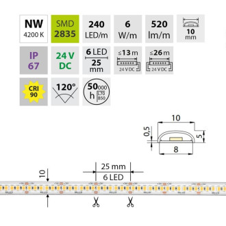 McLED  LED pásek - sada 1 m, 240 LED/m, NW, 6 W/m, DC 24V, 520 lm/m, CRI90, IP67, 10 mm, vodič 3 m ML-126.033.90.S01001