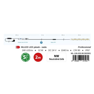 McLED  LED pásek - sada 2 m, 240 LED/m, NW, 6 W/m, DC 24V, 520 lm/m, CRI90, IP67, 10 mm, vodič 3 m ML-126.033.90.S02001