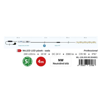 McLED  LED pásek - sada 4 m, 240 LED/m, NW, 6 W/m, DC 24V, 520 lm/m, CRI90, IP67, 10 mm, vodič 3 m ML-126.033.90.S04001
