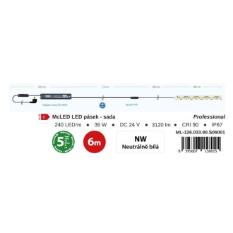 McLED  LED pásek - sada 6 m, 240 LED/m, NW, 6 W/m, DC 24V, 520 lm/m, CRI90, IP67, 10 mm, vodič 3 m ML-126.033.90.S06001