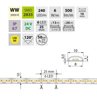 McLED  LED pásek - sada 6 m, 240 LED/m, WW, 6 W/m, DC 24V, 500 lm/m, CRI90, IP67, 10 mm, vodič 3 m ML-126.034.90.S06001