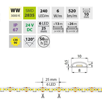 McLED  LED pásek - sada 3 m, 240 LED/m, CW, 6 W/m, DC 24V, 520 lm/m, CRI90, IP67, 10 mm, vodič 3 m ML-126.032.90.S03001