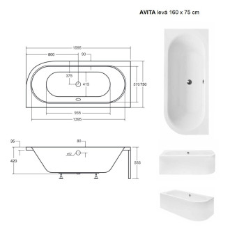 BESCO vana AVITA 160 (1600x750 mm), levé provedení, bez nožiček VANAVIT160L