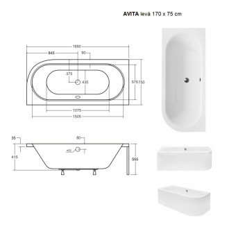 BESCO vana AVITA 170 (1700x750 mm), levé provedení, bez nožiček VANAVIT170L