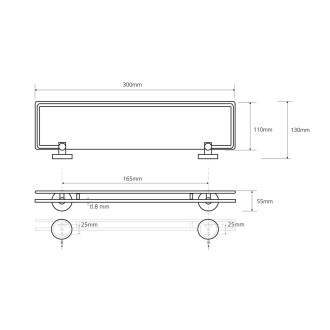 X-ROUND E skleněná polička s výklopnou hrazdou 300x130mm, mléčné sklo, chrom XR607