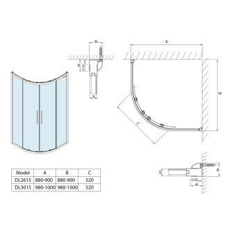 LUCIS LINE čtvrtkruhová sprchová zástěna, 900x900mm, R550, čiré sklo DL2615