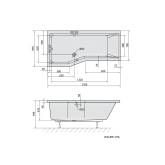VERSYS L asymetrická vana 170x84x70x47cm, bílá 70111