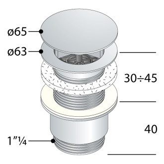 Umyvadlová výpust 5/4“, neuzavíratelná, velká zátka, 30-45mm, chrom 147.555.5