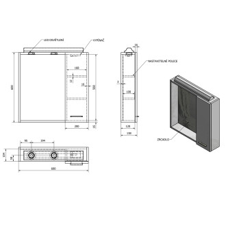ZOJA/KERAMIA FRESH galerka s LED osvětlením, 60x60x14cm, pravá, dub platin 45028