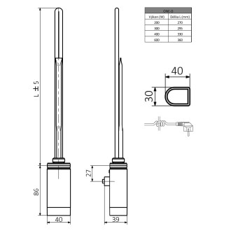 ONE D topná tyč s termostatem, 200 W, pravá, chrom ONE-D-C-200