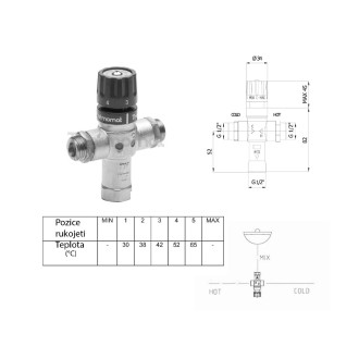 Termostatický směšovač, 1/2", 30-60 stupňů, zpětné klapky TMT12MPM