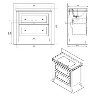CROSS umyvadlová skříňka 85x81x47cm, 2x zásuvka, starobílá CR291