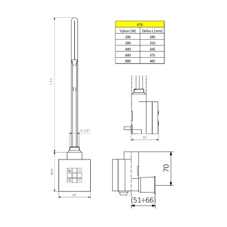 KTX topná tyč s termostatem, s krytem pro kabel, 300 W, chrom KTX-CW-300