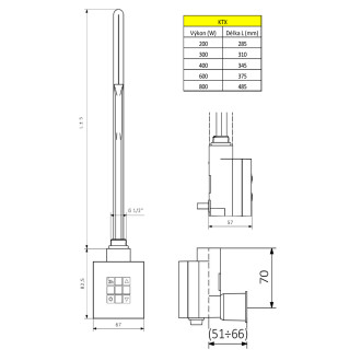 KTX topná tyč s termostatem, s krytem pro kabel, 400 W, chrom KTX-CW-400