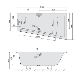 ANDRA R SLIM asymetrická vana 170x90x45cm, bílá 81511S