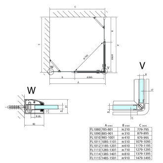 FORTIS obdélníkový sprchový kout 800x1500 mm, rohový vstup FL1080LFL1115R