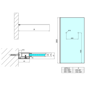 MODULAR SHOWER jednod zástěna pevná k instalaci na zeď, s otvory na držák 1000 MS1-100-D