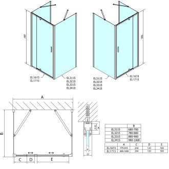 EASY třístěnný sprchový kout 800-900x900mm, pivot dveře, L/P, čiré sklo EL1615EL3315EL3315