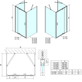 EASY třístěnný sprchový kout 900-1000x1000mm,  dveře, L/p sklo Brick EL1738EL3438EL3438