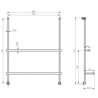 Závěsný držák ručníků na sprchovou zástěnu 600x730x125mm, černá mat 1301-09B