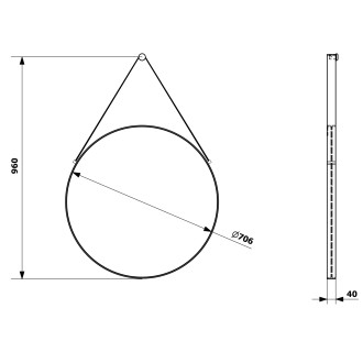 ORBITER kulaté zrcadlo s koženým páskem ? 70cm, černá mat ORT070