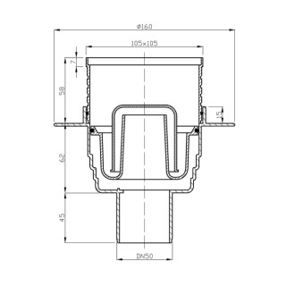 Podlahová vpust 105x105 přímá, DN50, mřížka nerez lesk 183.020.0