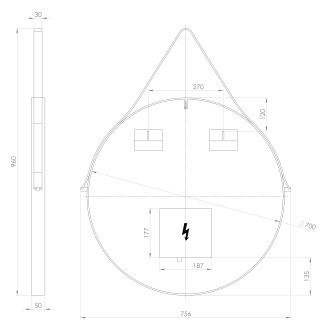 ORBITER kulaté zrcadlo s LED osvětlením ? 70cm, kožený pásek, černá mat ORL070