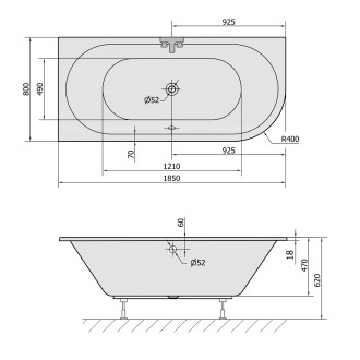 VIVA L SLIM asymetrická vana 185x80x47cm, bílá 72099S