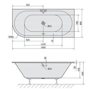VIVA R SLIM asymetrická vana 185x80x47cm, bílá 72129S