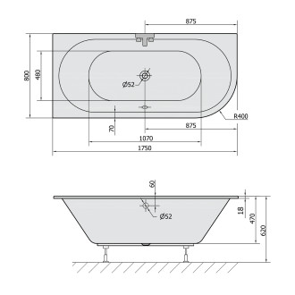 VIVA L SLIM asymetrická vana 175x80x47cm, bílá 70119S