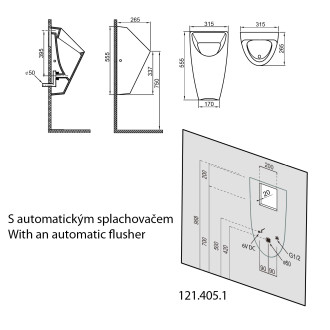 SCHWARN urinál s automatickým splachovačem 6V DC, zadní přívod, zadní odpad 201.722.4