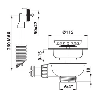 Dřezová výpust 6/4", s přepadem, nerez 155.123.0