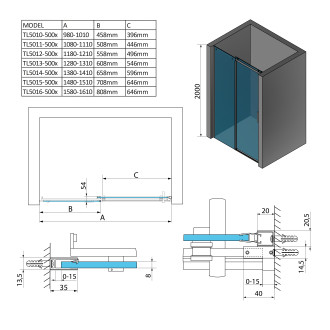 THRON SQUARE sprchové dveře 1000 mm, hranaté pojezdy, čiré sklo TL5010-5002