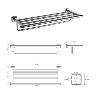 INSIA polička na ručníky s hrazdou 600mm, chrom IS028