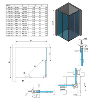 THRON ROUND čtvercový sprchový kout 1200x1000mm, kulaté pojezdy, rohový vstup TL2210-5005