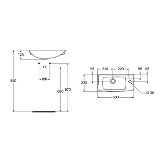 Mereo Umývátko 50 cm, s otvorem pro baterii, keramika VSD41 (W409101)